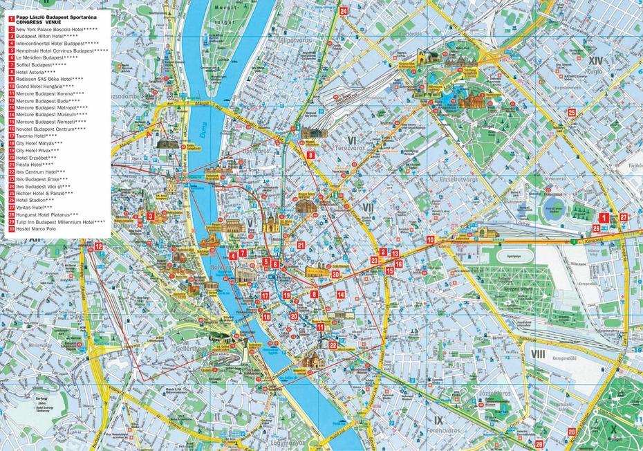 Large Detailed Tourist And Hotels Map Of Budapest City. Budapest City …, Budapest, Hungary, Budapest Sights., Tourist  Of Budapest