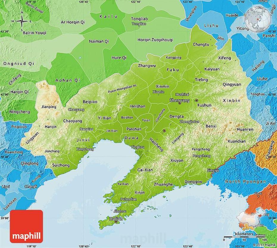 Physical Map Of Liaoning, Political Shades Outside, Lianshan, China, China  By Province, China  With Flag