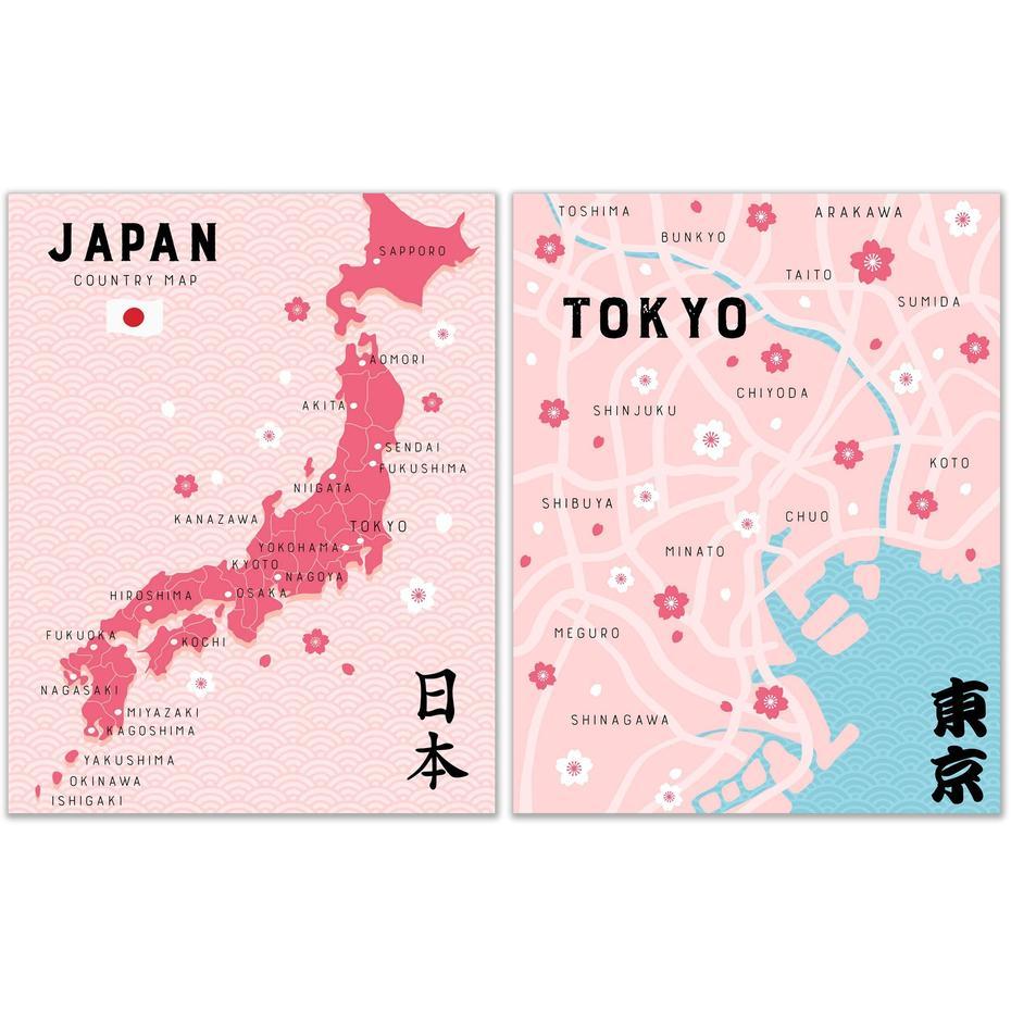 Pink Japan Prints – Set Of 2 (11X14) Inches Glossy Traditional Japanese …, Chūō, Japan, Takamatsu  City, Okayama Japan