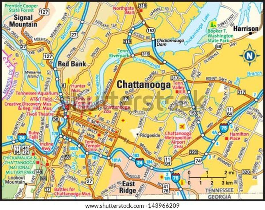 Chattanooga Tennessee Area Map Stock Vector (Royalty Free) 143966209, Chattanooga, United States, Printable Chattanooga Downtown, Chattanooga Riverwalk