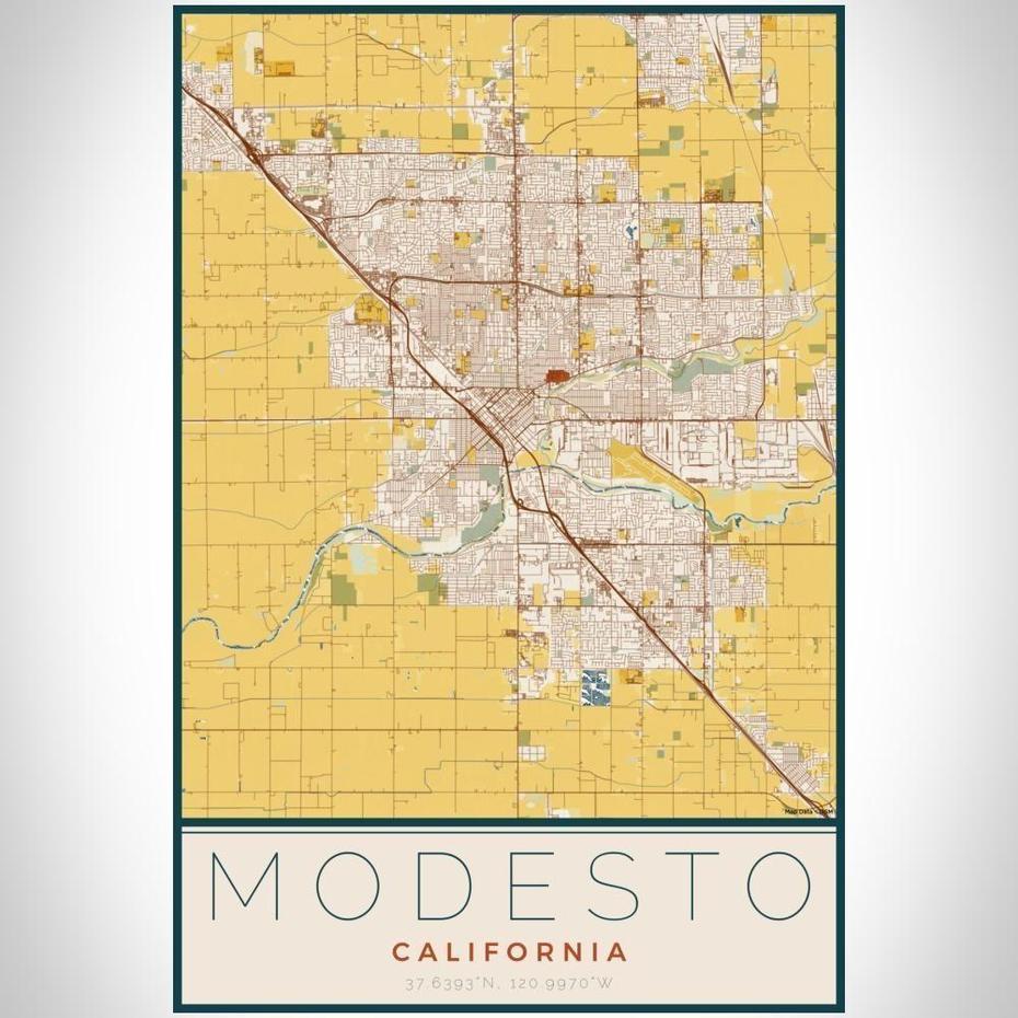 Modesto – California Map Print In Woodblock, Modesto, United States, Modesto California, Modesto Reservoir
