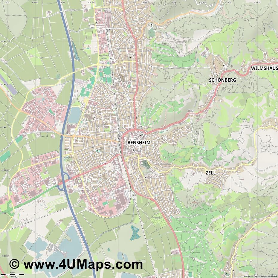 Pdf, Svg Skalierbarer Vektor Stadtplan, Vektorkarte Bensheim, Bensheim, Germany, Reutlingen Germany, Goppingen Germany