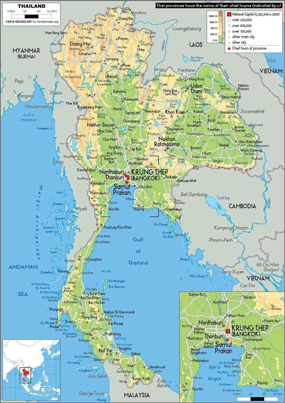 Large Size Physical Map Of Thailand – Worldometer, Bang Phongphang, Thailand, Bangsaen Thailand, Samut Sakhon Thailand