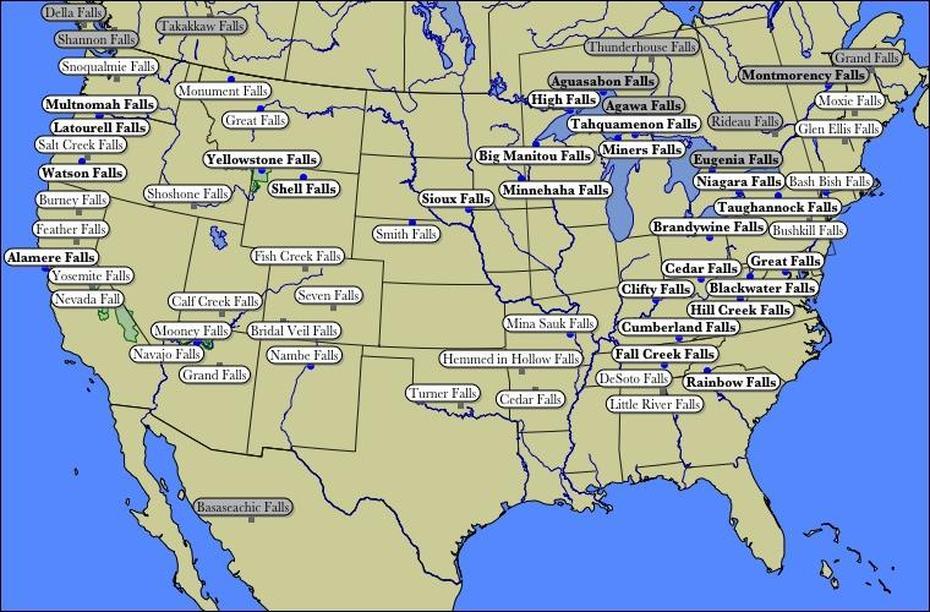 Map Of Waterfalls In The Usa, Falls, United States, United States Colored, United States With Capitals Only