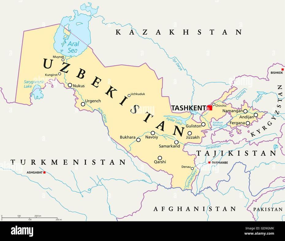 Uzbekistan Mappa Politico Con Capitale Tashkent, Confini Nazionali …, Chimboy Shahri, Uzbekistan, Uzbekistan Cities, Uzbekistan In World