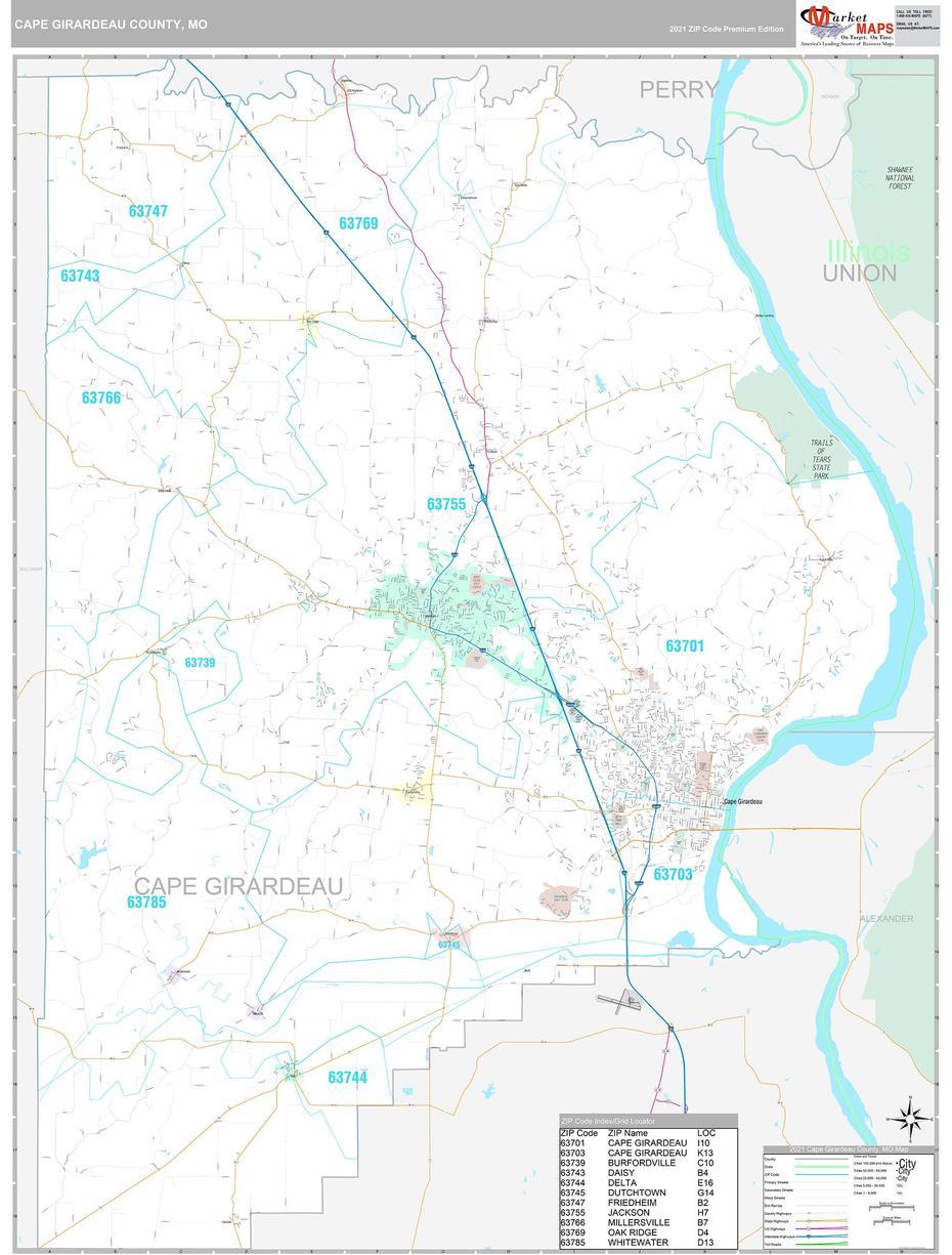 Cape Girardeau County, Mo Wall Map Premium Style By Marketmaps, Cape Girardeau, United States, Bill Emerson  Bridge, Cape Girardeau Bridge