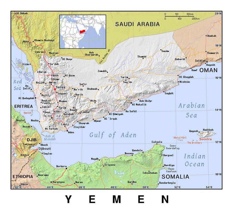 Detailed Political Map Of Yemen With Relief | Yemen | Asia | Mapsland …, Al Ghayz̧Ah, Yemen, Nations Online Project, Yemen Infrastructure