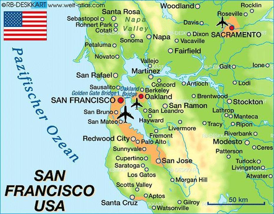 Map Of San Francisco (Region In United States, Usa) | Welt-Atlas.De, San Francisco, United States, San Francisco Hotel, San Francisco America