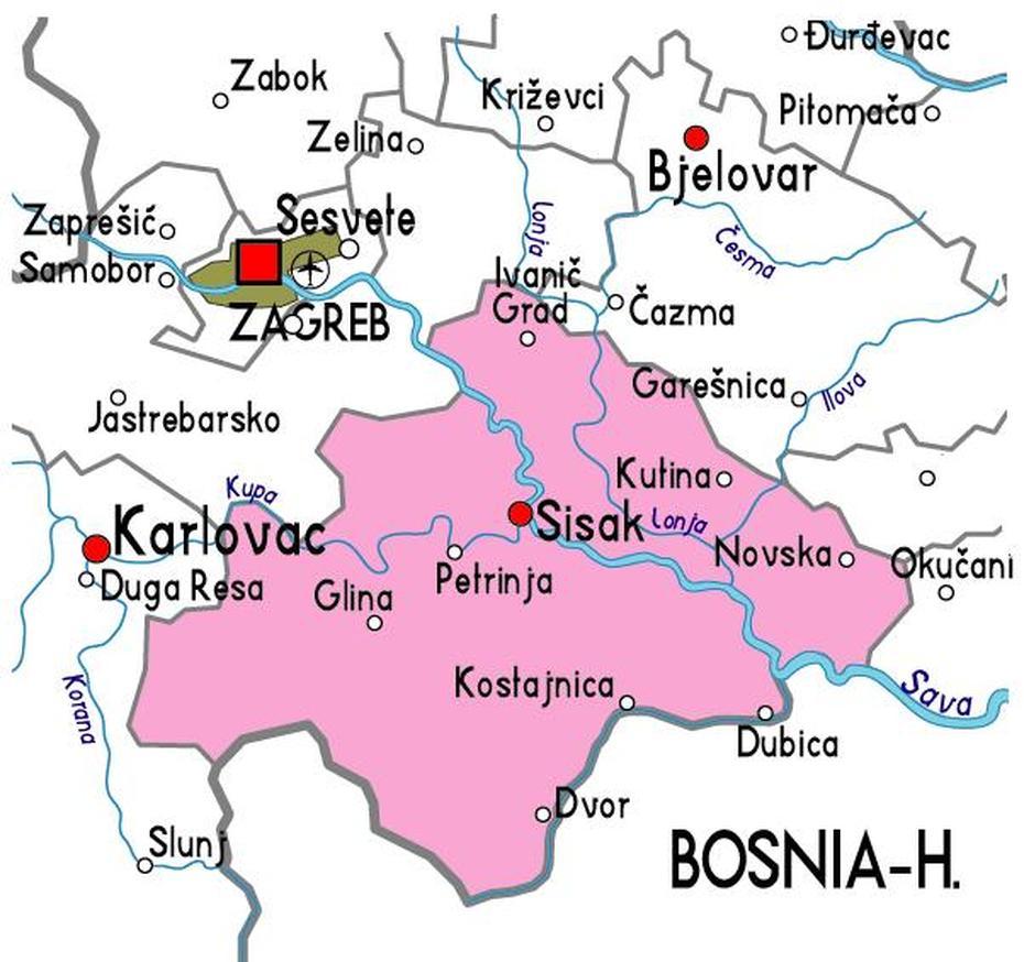 Map Of Sisak Province Area | Maps Of Croatia Region City Political Physical, Sisak, Croatia, Sisak Karta, Glina Croatia