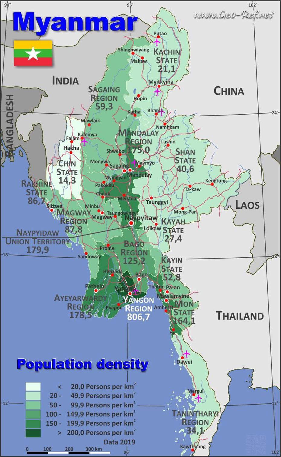 Myanmar Karte Bevolkerungsdichte Und Verwaltungsgliederung, Hakha, Myanmar, Myanmar Railway, Hakha Chin Language