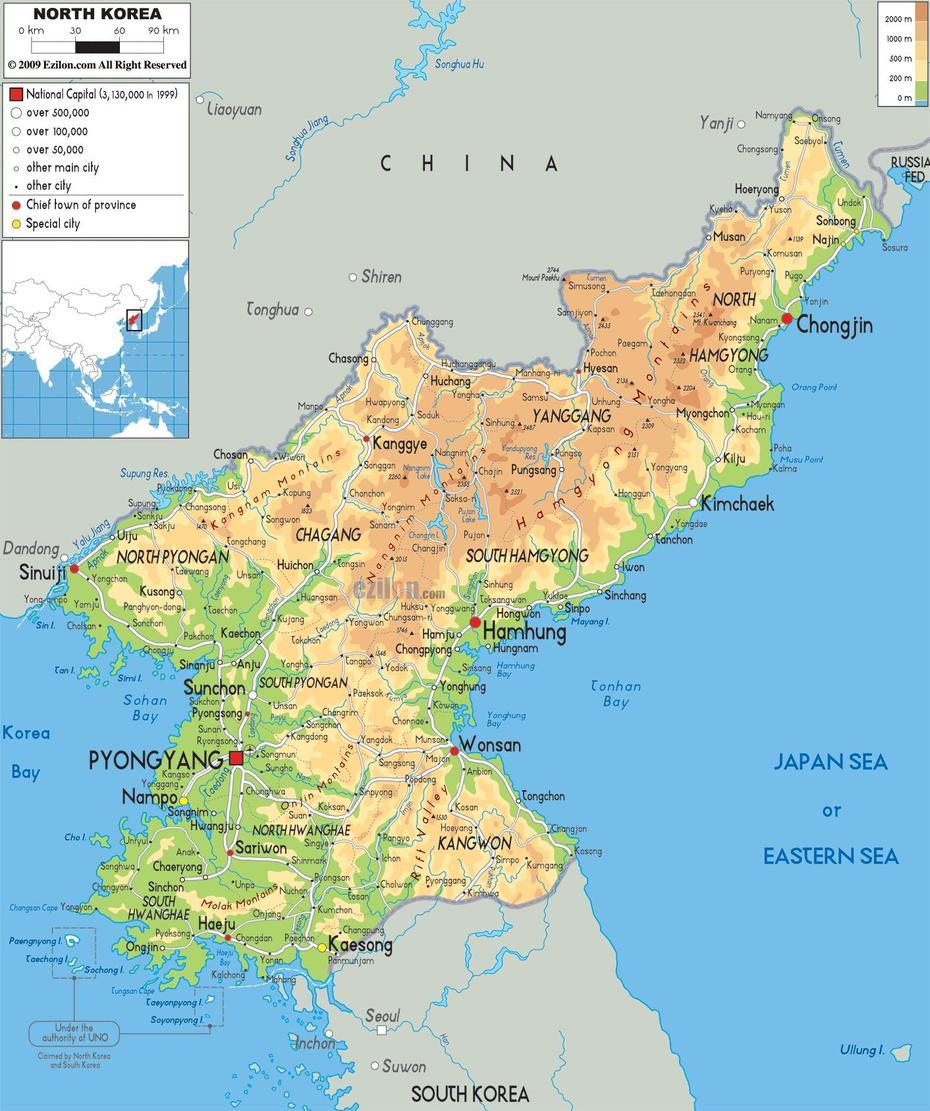 Physical Map Of North Korea – Ezilon Maps, Hamhŭng, North Korea, Wonsan North Korea, North Korea Capital City