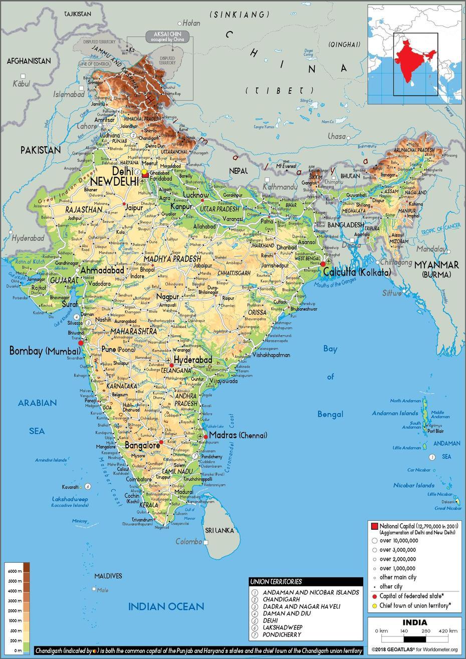 Large Size Physical Map Of India – Worldometer, Vīrapāndi, India, Creative India, India  Design