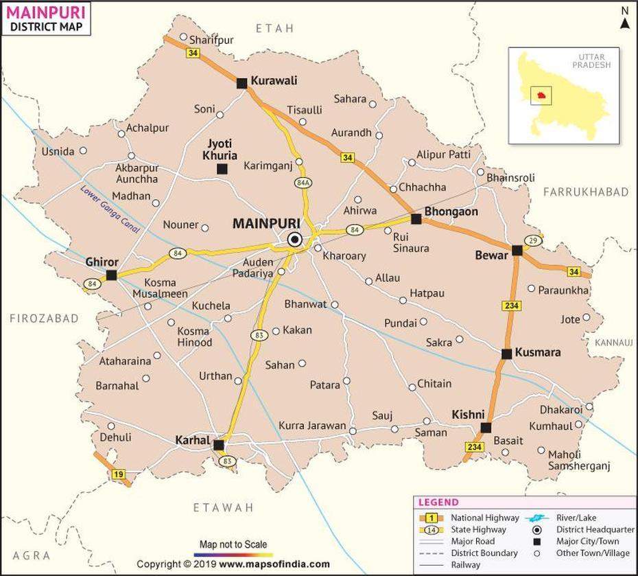 Mainpuri District Map, Maināguri, India, India  With City, India  Drawing