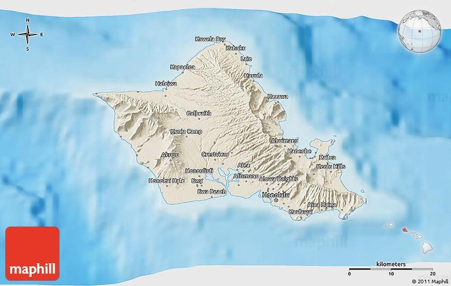 Shaded Relief 3D Map Of Honolulu County, Honolulu, United States, Honolulu Flag, Best Places In United States