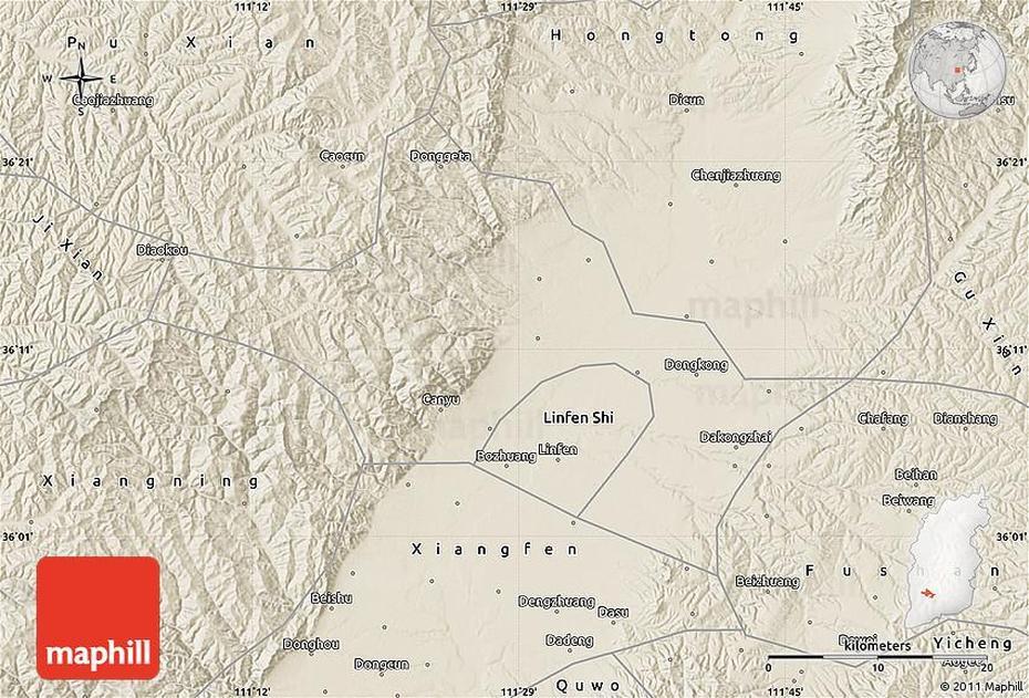 Shaded Relief Map Of Linfen, Linfen, China, Hukou  Waterfall, Weinan