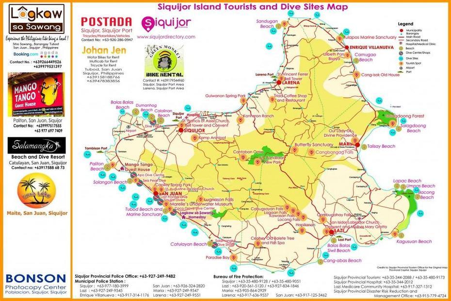 Siquijor Dive Sites, Resorts , Restaurants, Tourist Destinations Maps, Siquijor, Philippines, Lazi Siquijor, Siquijor Island
