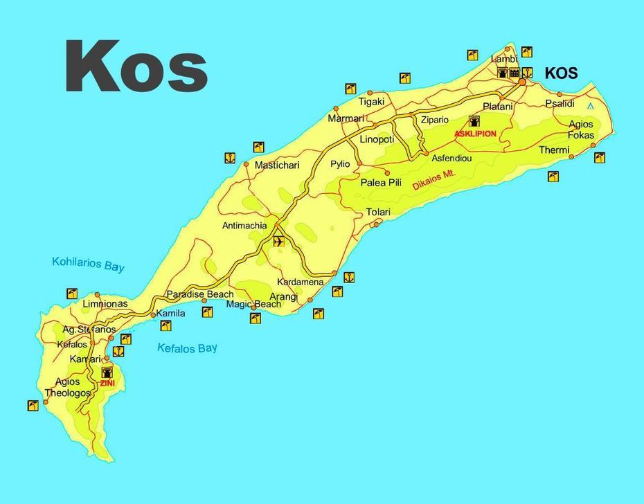 Kos Beaches Map, Kos, Greece, Chios Greece, Kos Greek Island