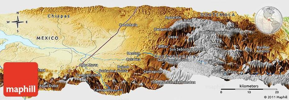 Physical Panoramic Map Of San Miguel Acatan, San Miguel Acatán, Guatemala, San Marcos Guatemala, Street  San Pedro