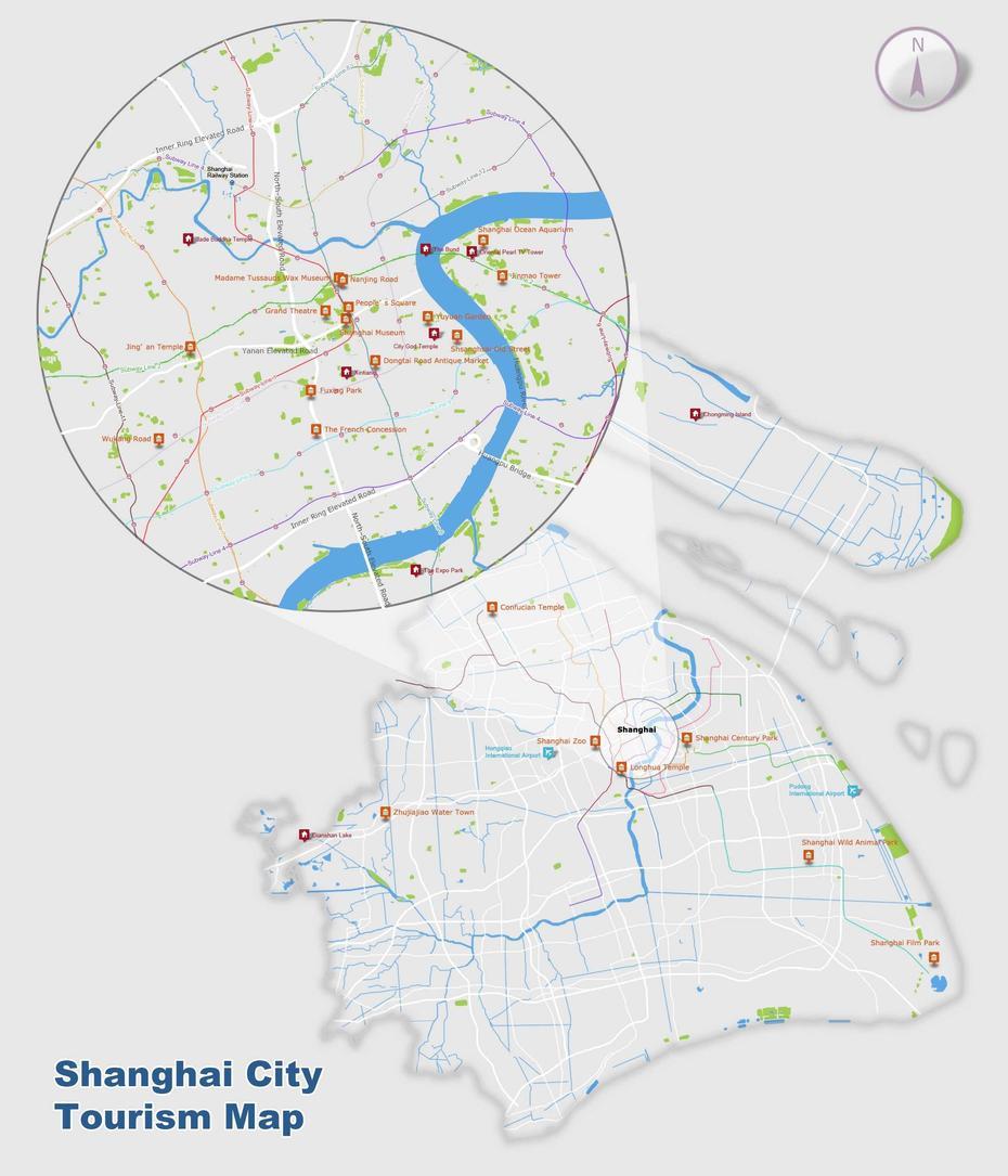 B”Shanghai Map, Map Of Shanghais Tourist Attractions And Subway”, Shangcaiyuan, China, China  With Flag, Yuan Dynasty Art