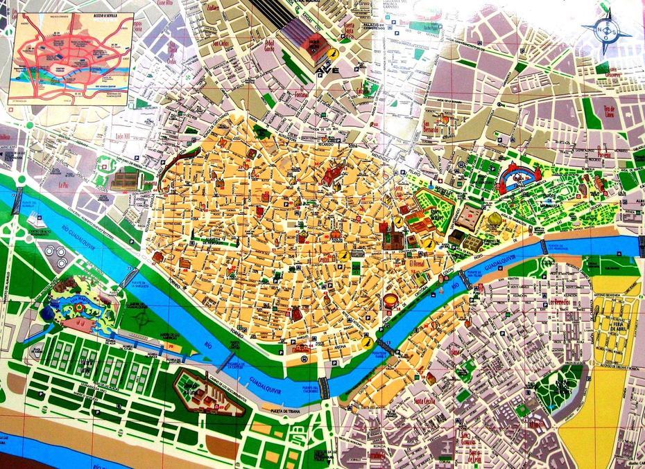 Streets Map Of Seville With Town Sights – Spain | Travel In Spain In …, Sevilla, Spain, Sevilla Espana, Sevilla On