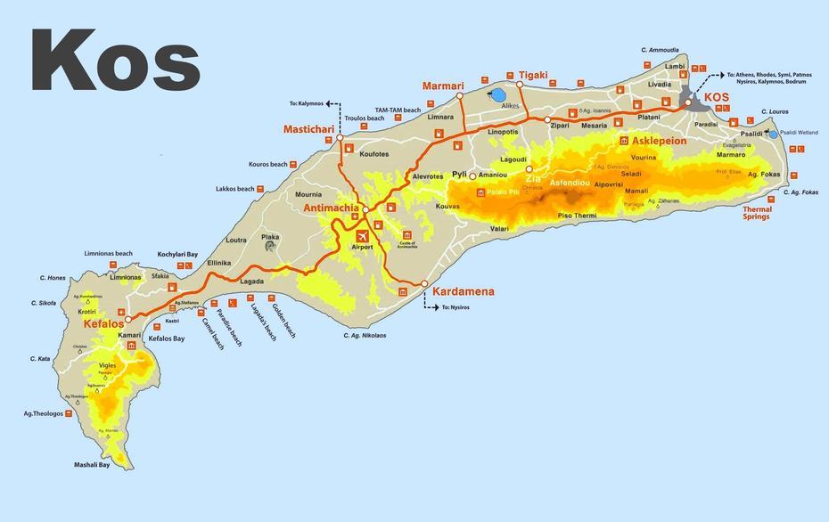 Kos Sightseeing Map, Kos, Greece, Marmari Kos Greece, Greece Road