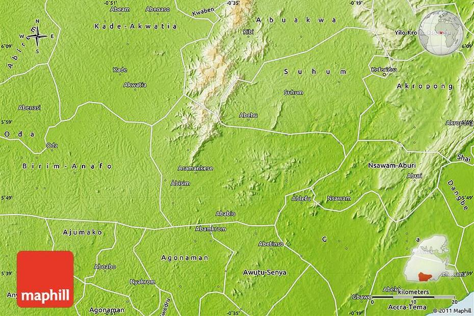 Physical Map Of Asamankese, Asamankese, Ghana, Eastern Region Ghana, Suhum Ghana