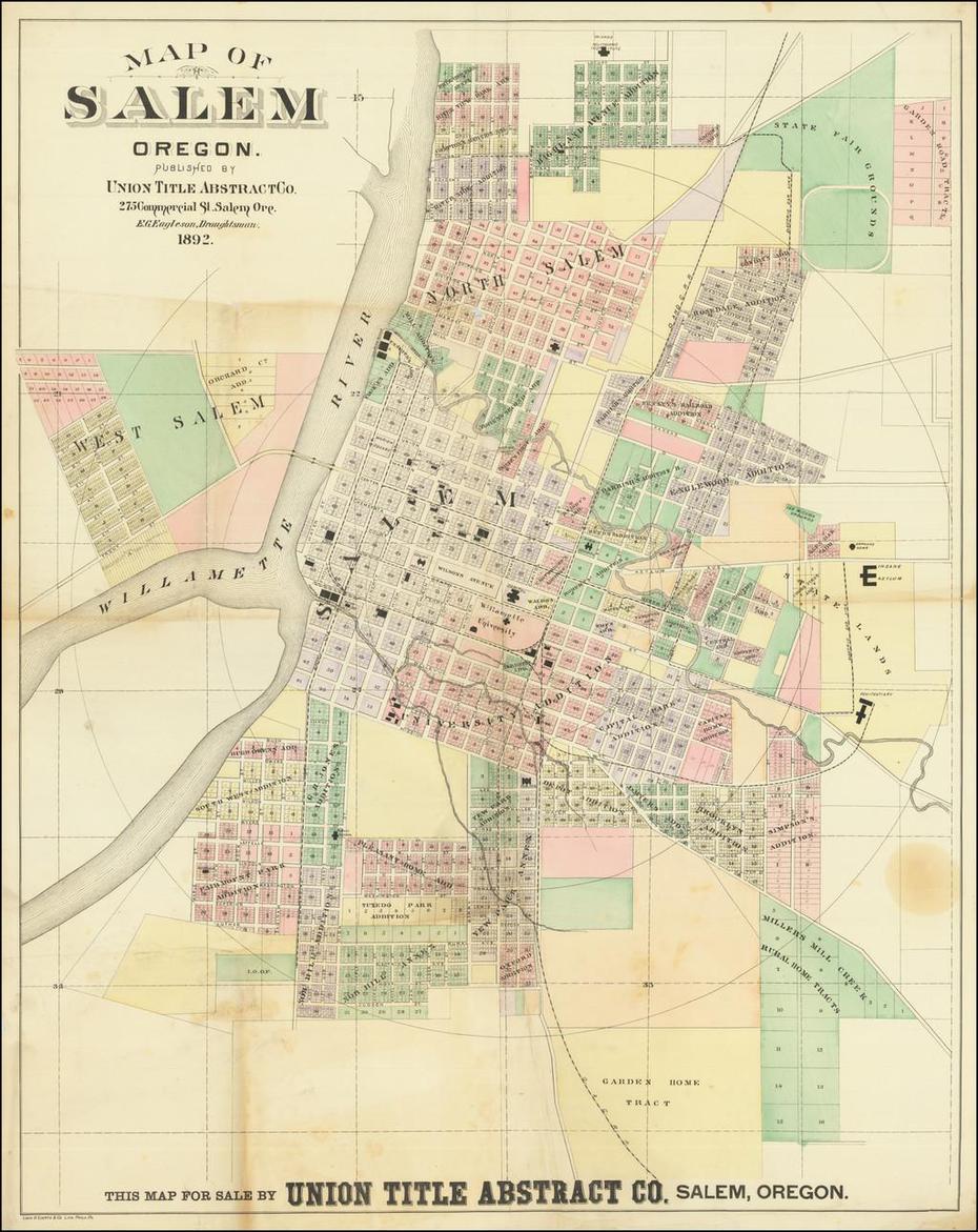 Map Of Salem Oregon Published By Union Abstract Title Co. . . . 1892 …, Salem, United States, Salem Sc, Salem City