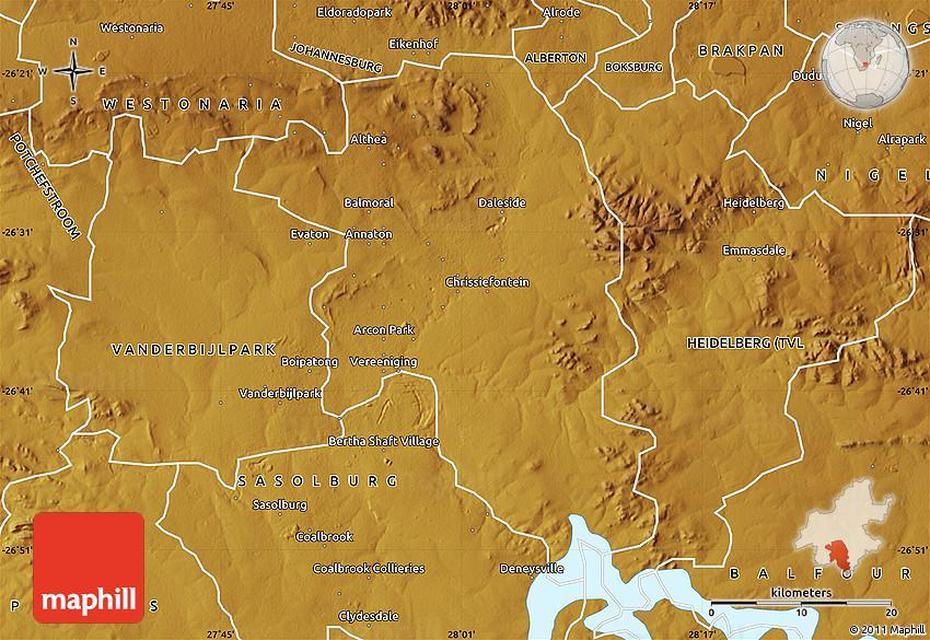 Physical Map Of Vereeniging, Vereeniging, South Africa, Jeffreys Bay, Algeria