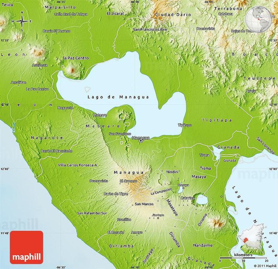 Physical Map Of Managua, Managua, Nicaragua, Lago De Nicaragua, Lake Nicaragua On