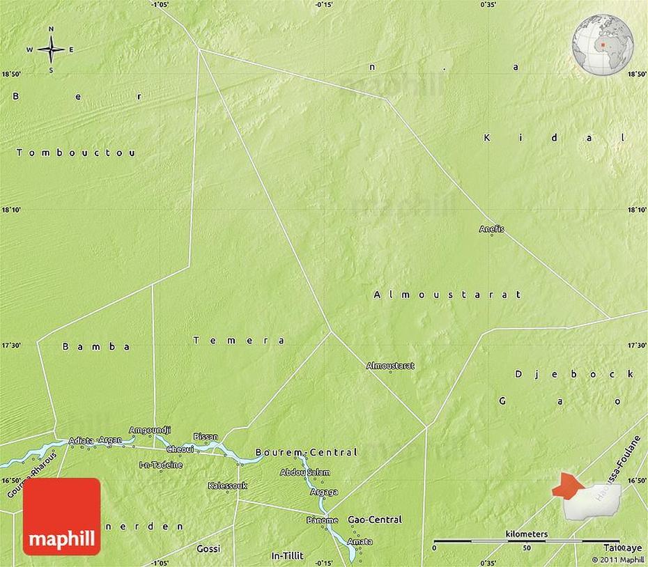 Physical Map Of Bourem, Bourèm Guindou, Mali, Djenne Mali, Mali Outline