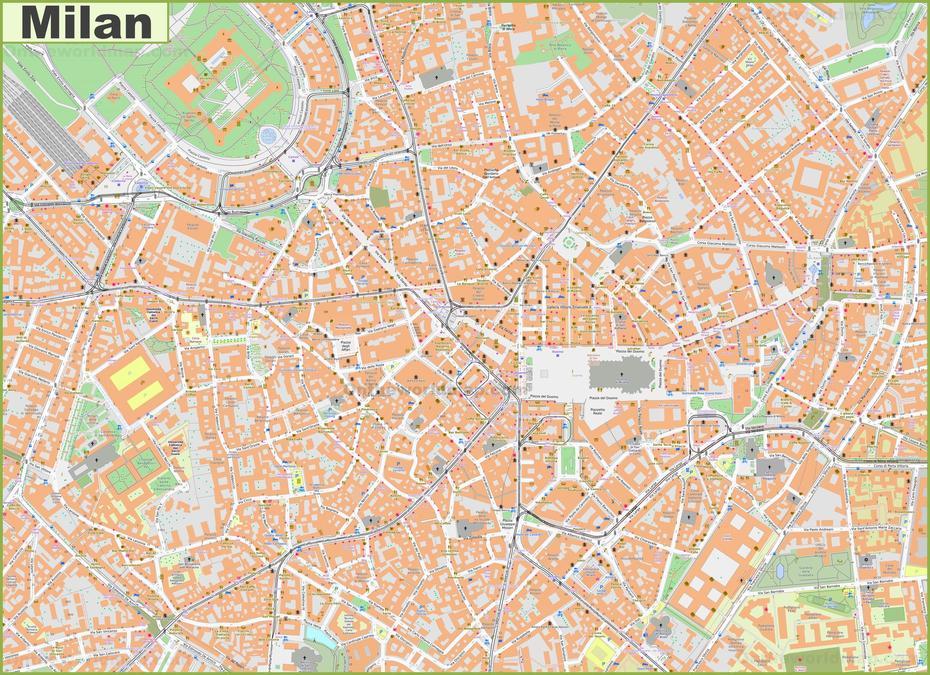 Detailed Map Of Milan City Center, Milan, Italy, Milan Location, Milano