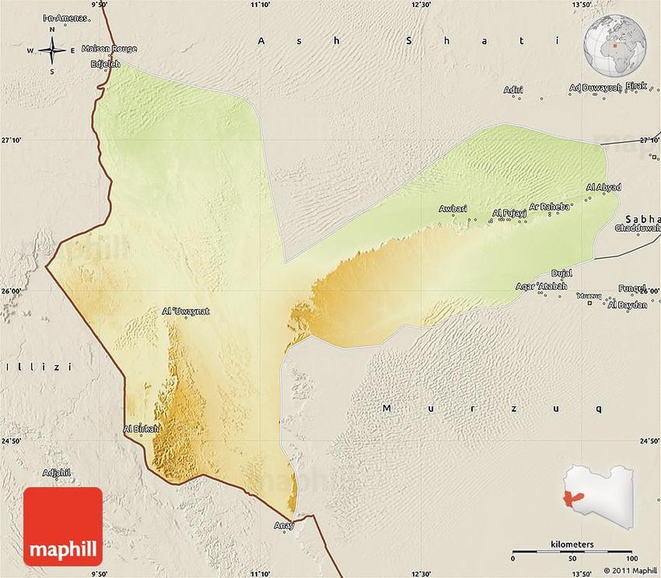 Physical Map Of Awbari (Ubari), Shaded Relief Outside, Awbārī, Libya, Ubari  Lakes, Ubari Lakes Libya