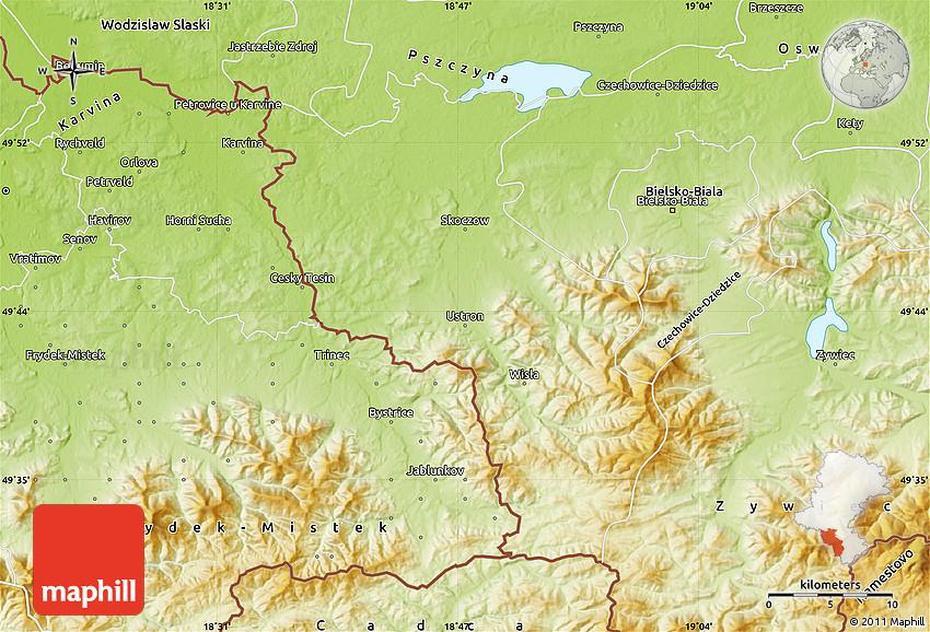Physical Map Of Cieszyn, Cieszyn, Poland, Czech Republic  Border, Poland Attractions