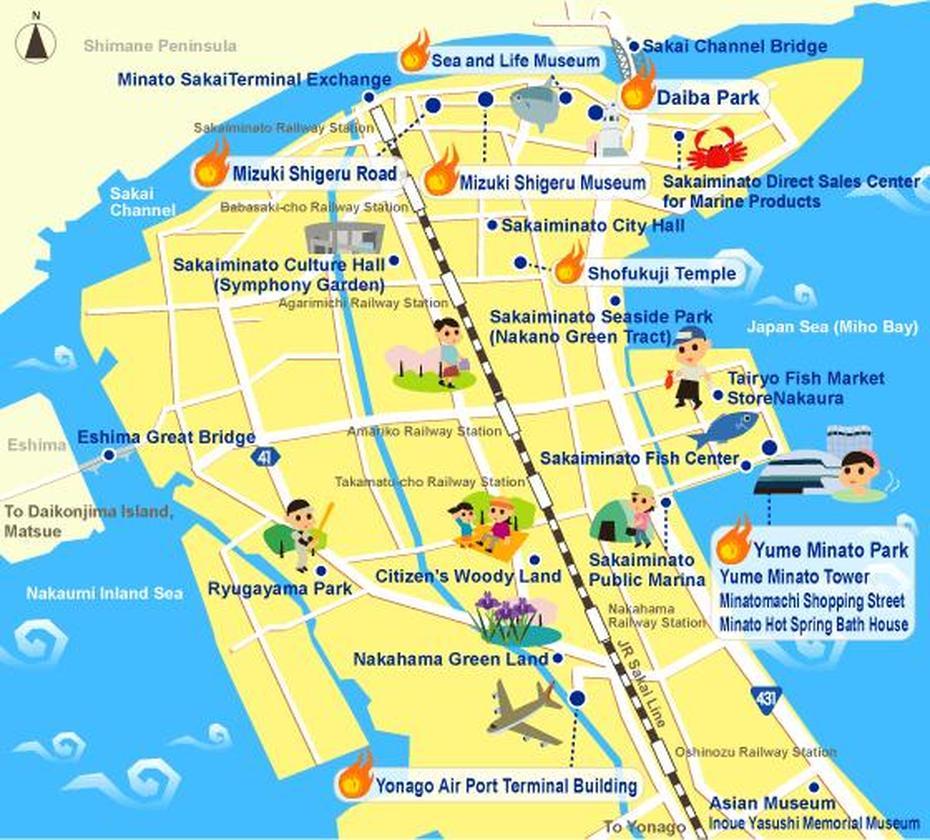 Tourist Guide Map Of Sakaiminato City | Japan Map, Japan, Seaside Park, Sakaiminato, Japan, Tottori Japan, Yonago Japan