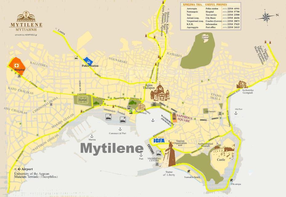 Mytilene Tourist Map, Mytilíni, Greece, Lesvos Greece, Lesvos Island Greece