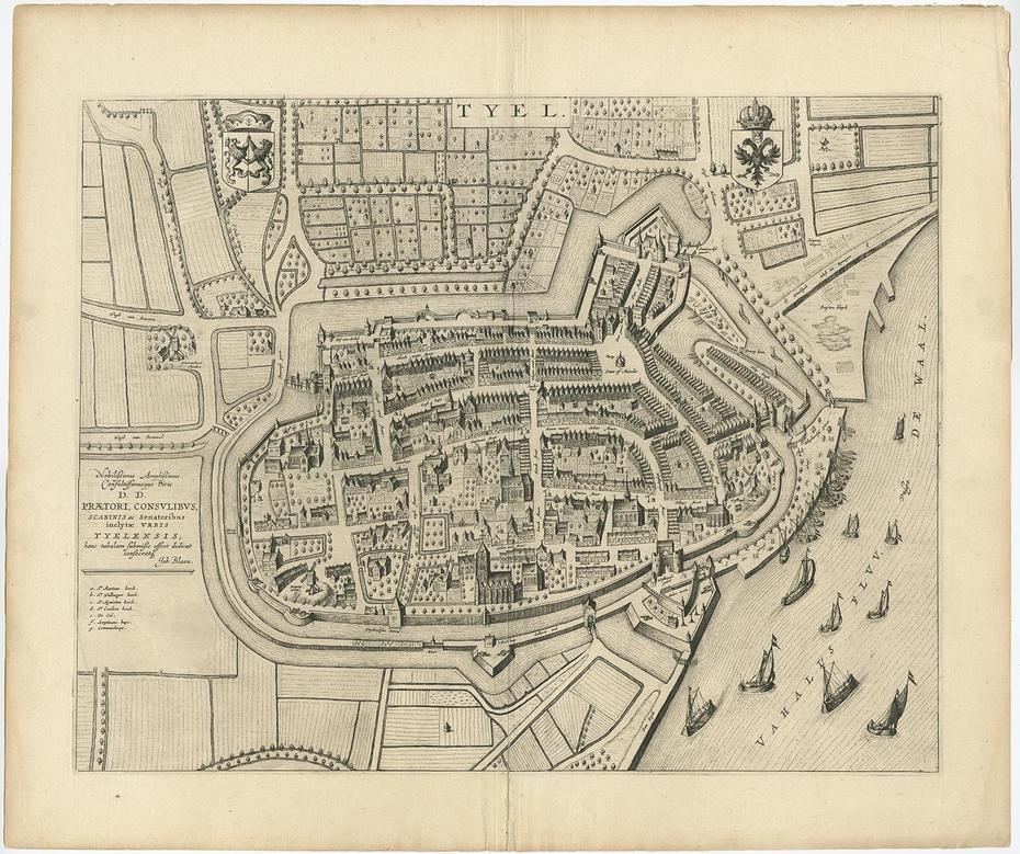 Antique Map Of The City Of Tiel By Blaeu (1649), Tiel, Netherlands, Gelderland Netherlands, Dutch  Landscape