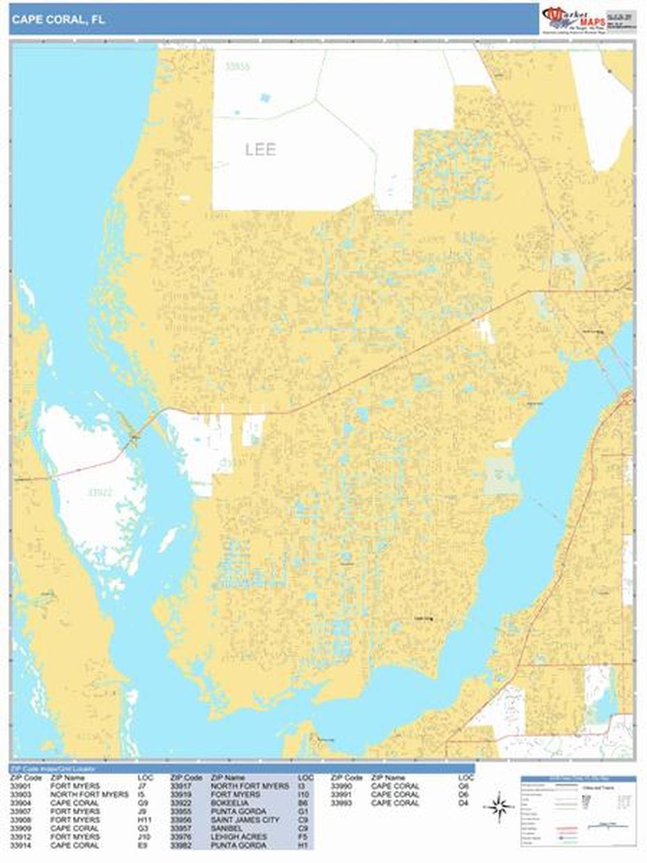 Cape Coral Florida Wall Map (Basic Style) By Marketmaps, Cape Coral, United States, Cape Coral Florida, Detailed  Of Cape Coral Florida