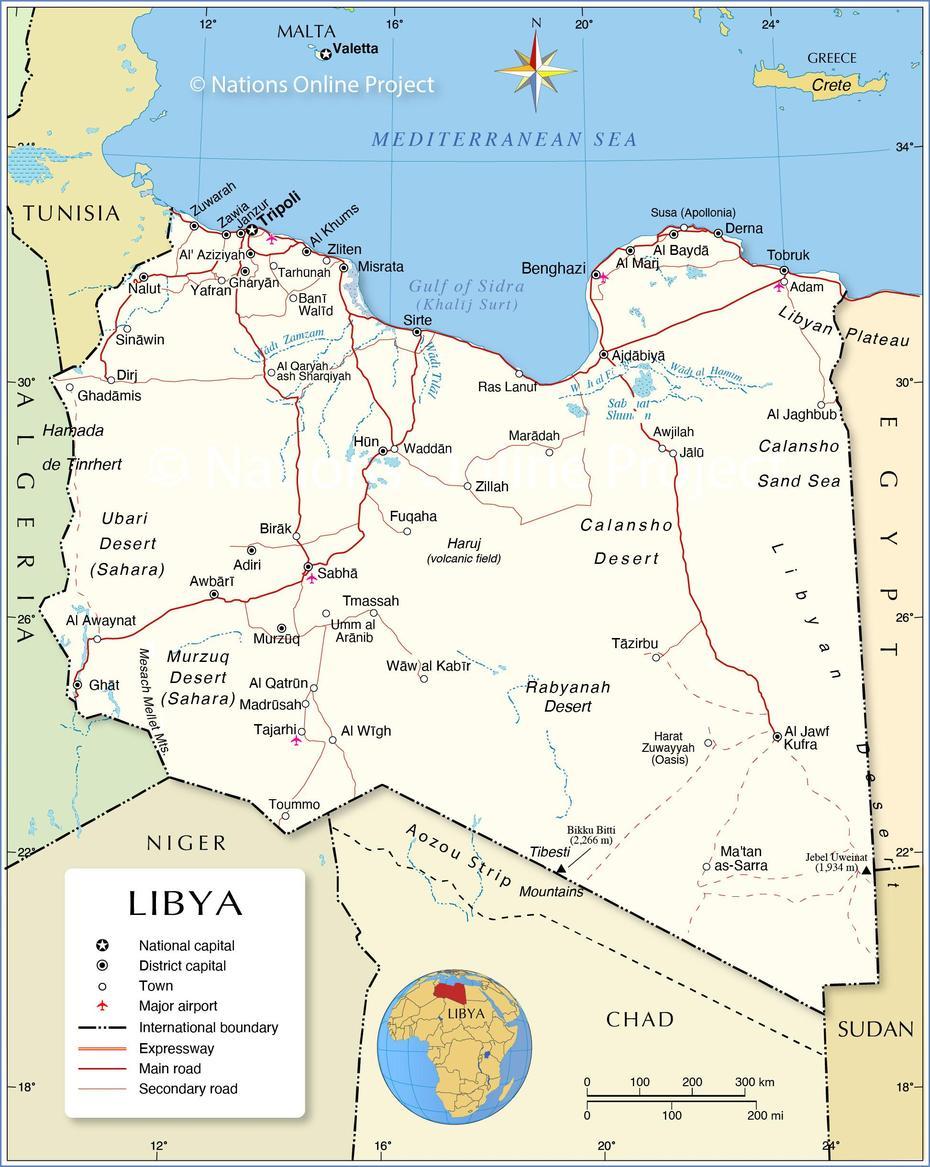 Political Map Of Libya – Nations Online Project, Waddān, Libya, Libya World, Ghat Libya