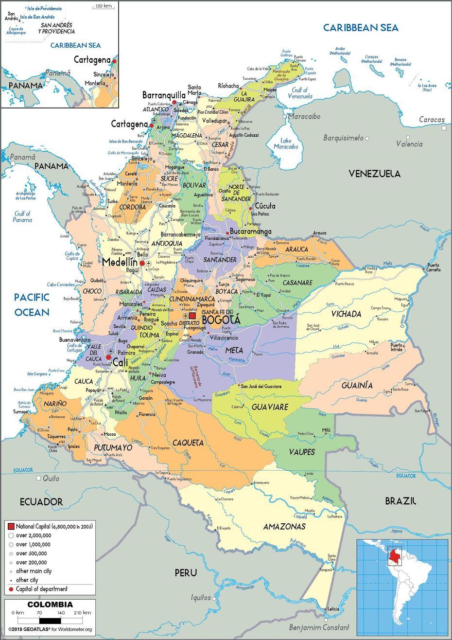 Large Size Political Map Of Colombia – Worldometer, La Unión, Colombia, Aringay La Union, Naguilian La Union