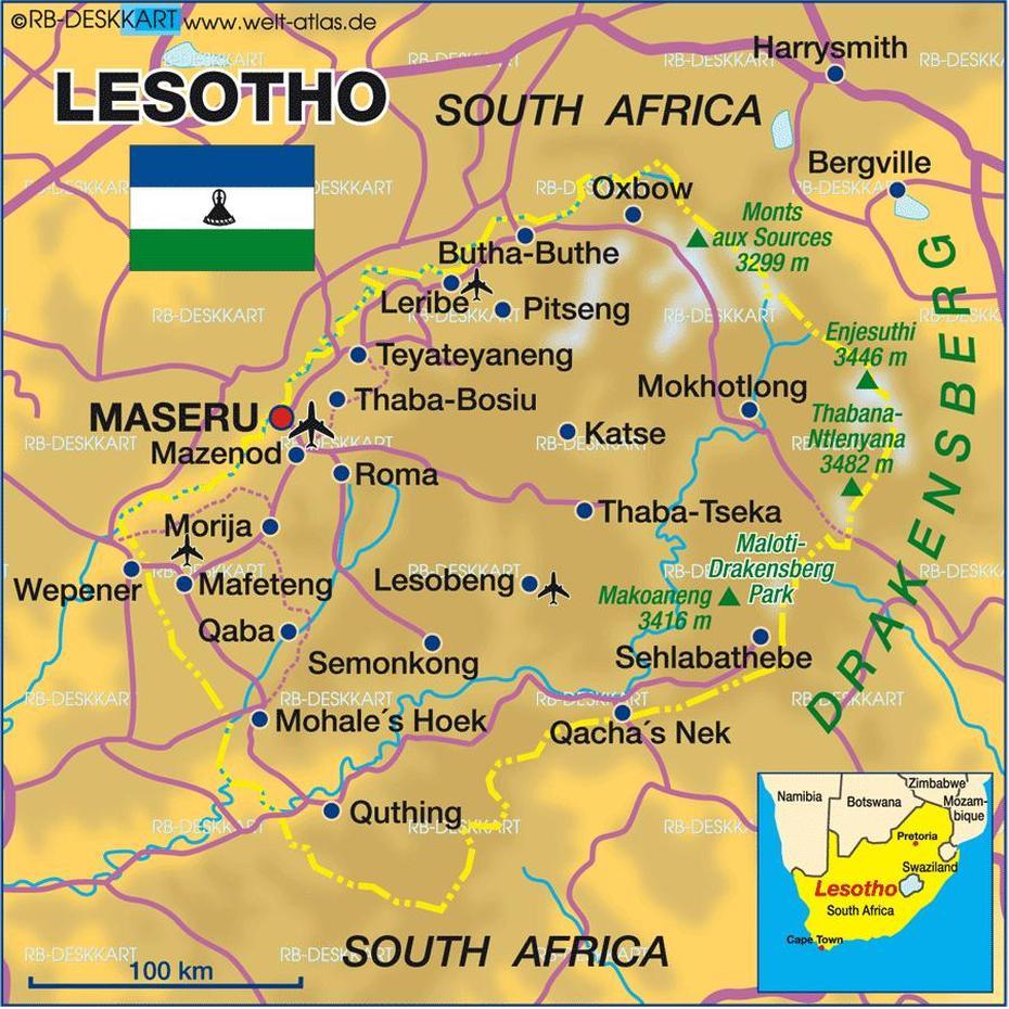 Map Of Lesotho (Country) | Welt-Atlas.De, Mazenod, Lesotho, Morija Lesotho, Eugene De Mazenod