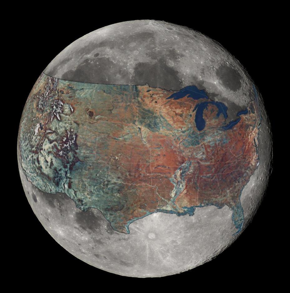 And Now For A Sense Of Scale: A Map Of The U.S. Overlaid On The Moon, Moon, United States, Nasa Moon, Apollo  11 Flag