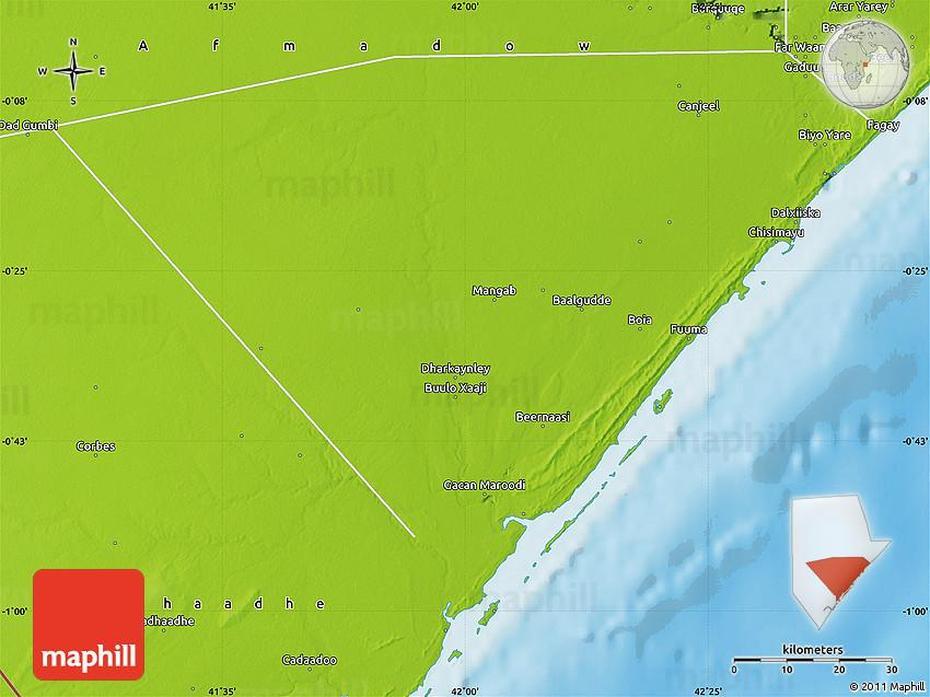 Physical Map Of Kismaayo, Kismaayo, Somalia, Baidoa Somalia, Baidoa Somalia