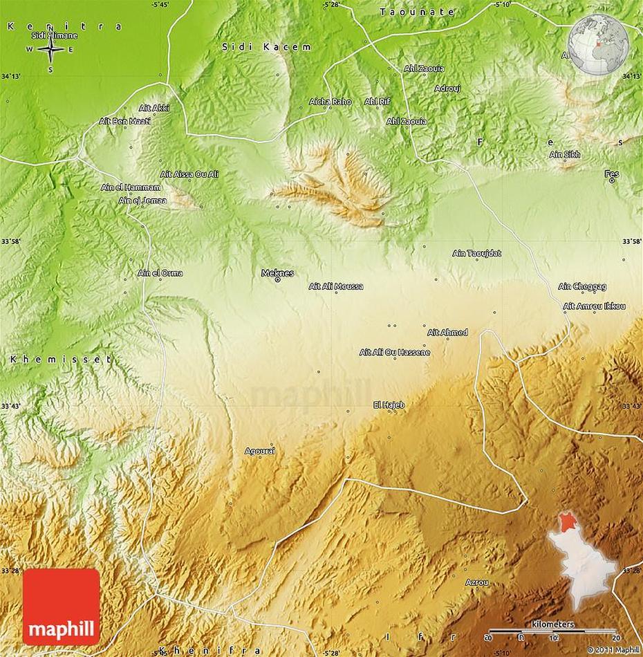 Physical Map Of Meknes, Meknès, Morocco, Agadir Morocco, Erfoud Morocco