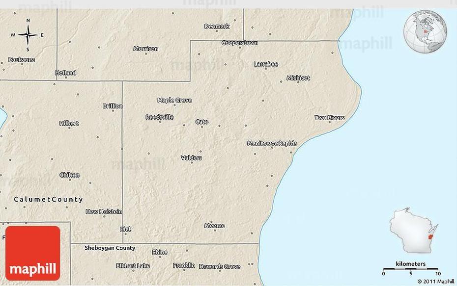 Shaded Relief 3D Map Of Manitowoc County, Manitowoc, United States, Manitowoc Wisconsin, Manitowoc County