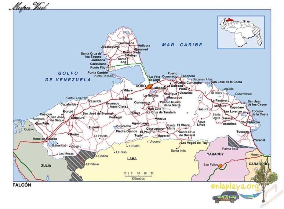 Mapa Vial Del Estado Falcon, Puerto Cumarebo, Venezuela, Playa Medina Venezuela, Lecheria Venezuela