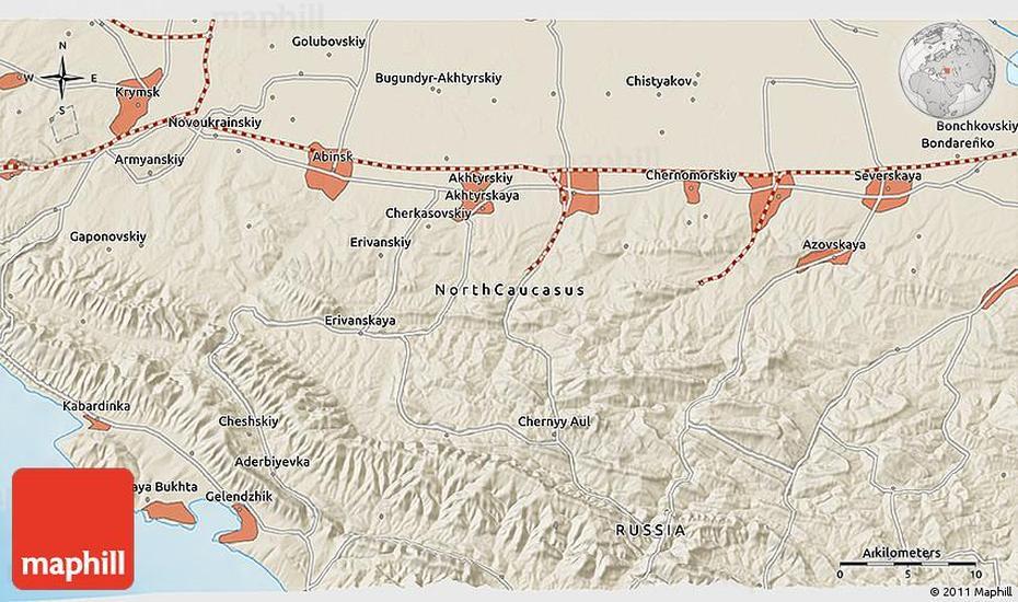 Krasnodar  Krai, Magnitogorsk Russia, Shaded Relief, Abinsk, Russia
