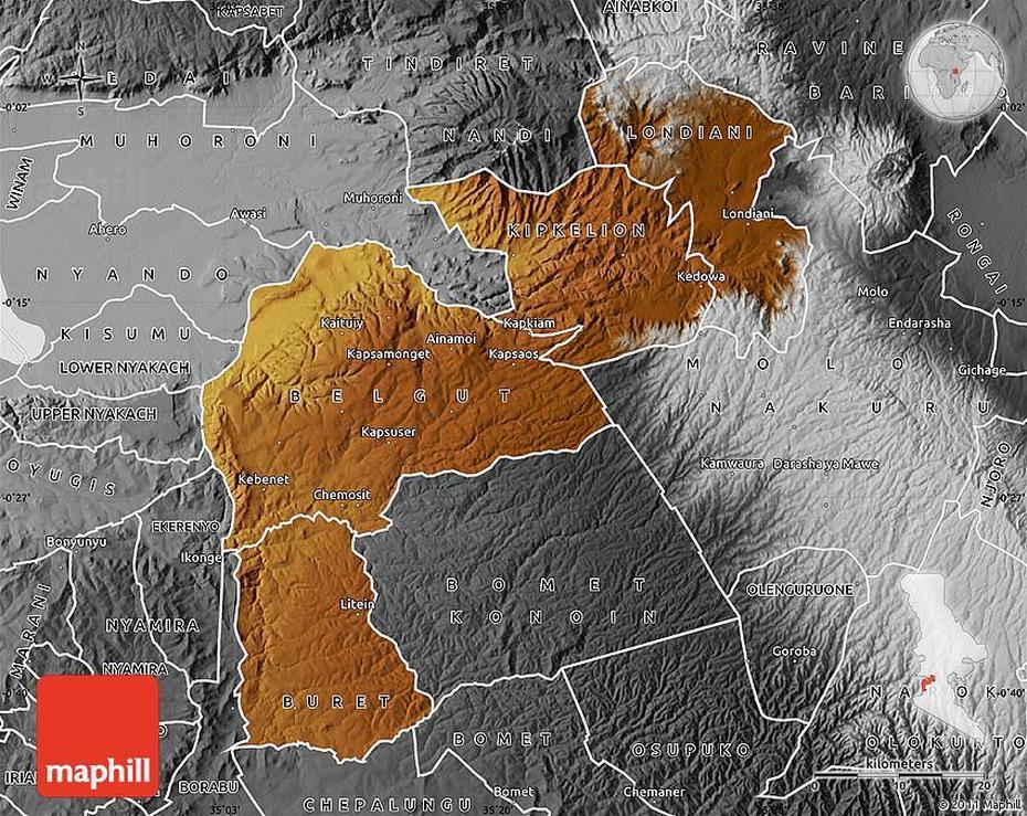 Physical Map Of Kericho, Desaturated, Kericho, Kenya, Kenya  Regions, Kakamega Kenya