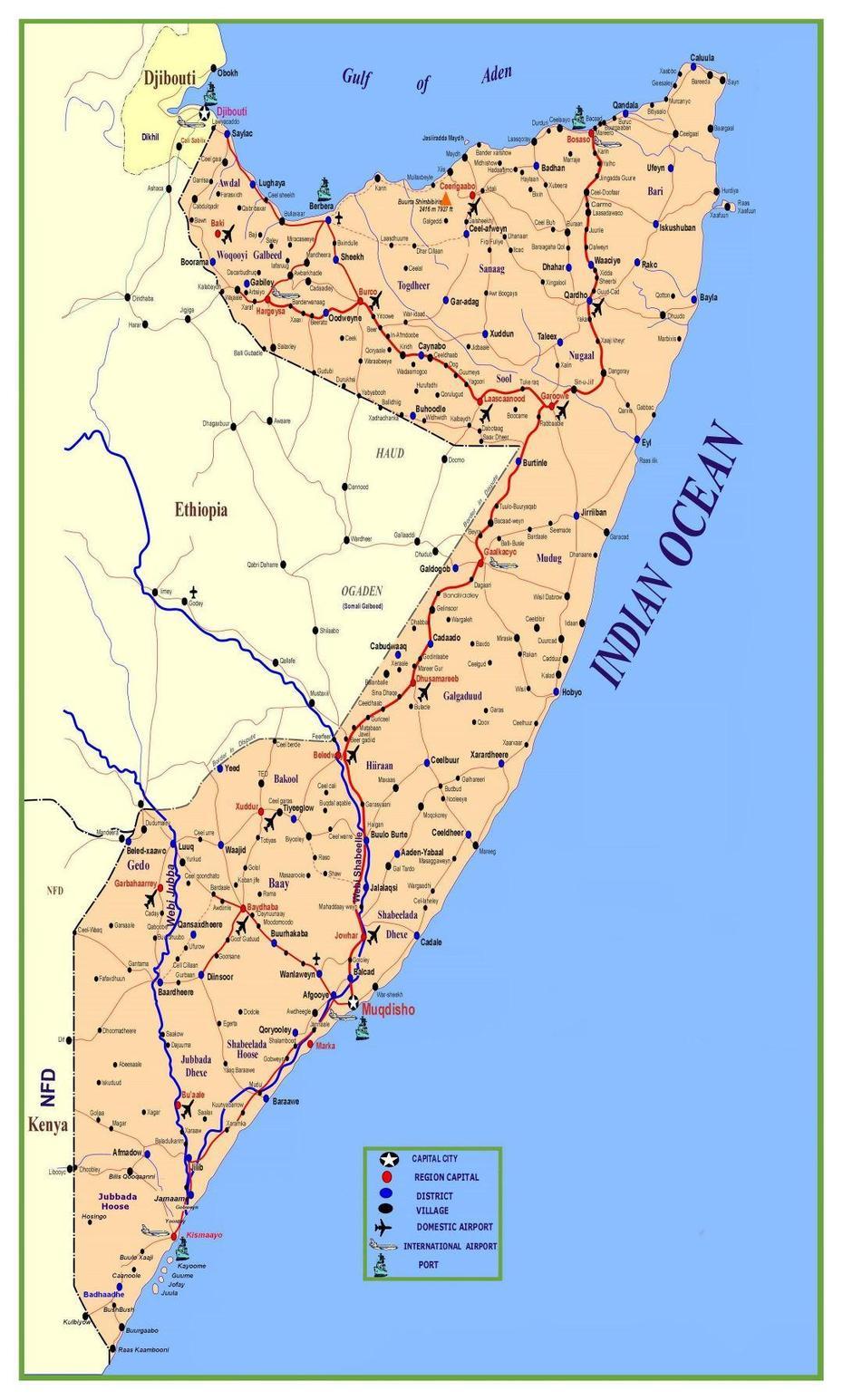 Large Detailed Map Of Somalia With Roads, Cities, Villages, Ports And …, Uar Esgudud, Somalia, Arab  Republic, Emirates