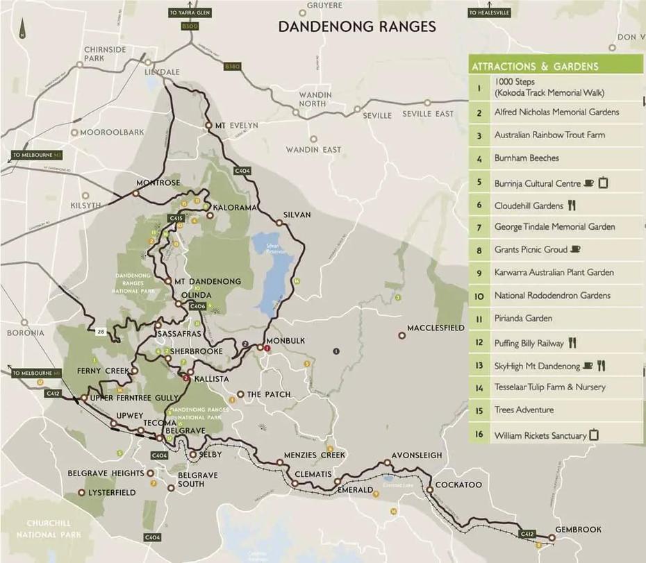 Dandenong Ranges Map – Attractions, Tourist, Route Map, Melbourne Pdf, Dandenong, Australia, Yarra Valley Australia, Dandenong Ranges