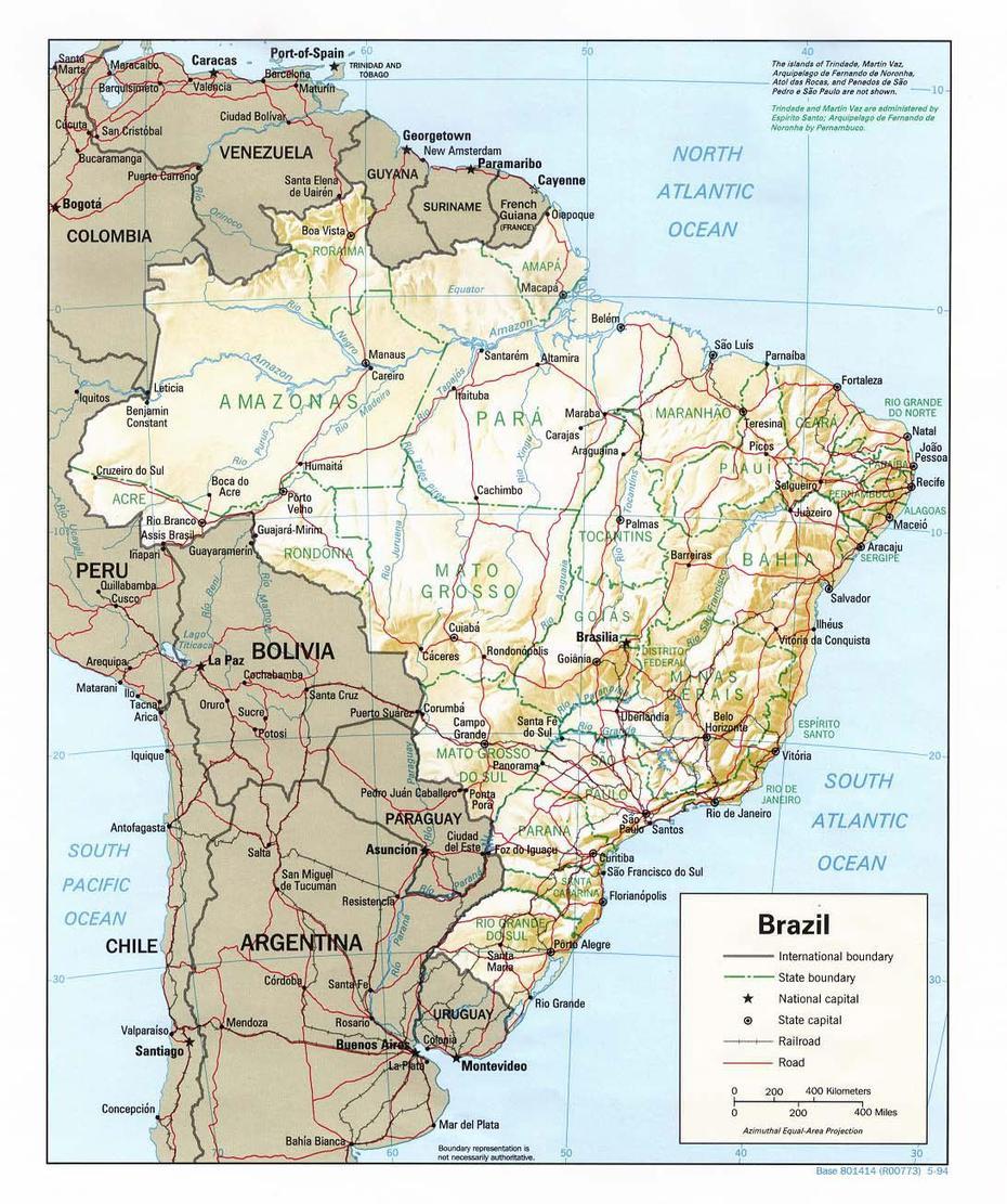 Large Detailed Relief And Political Map Of Brazil With Roads. Brazil …, Espigão D’Oeste, Brazil, San Sebastian Del Oeste, Zona Oeste